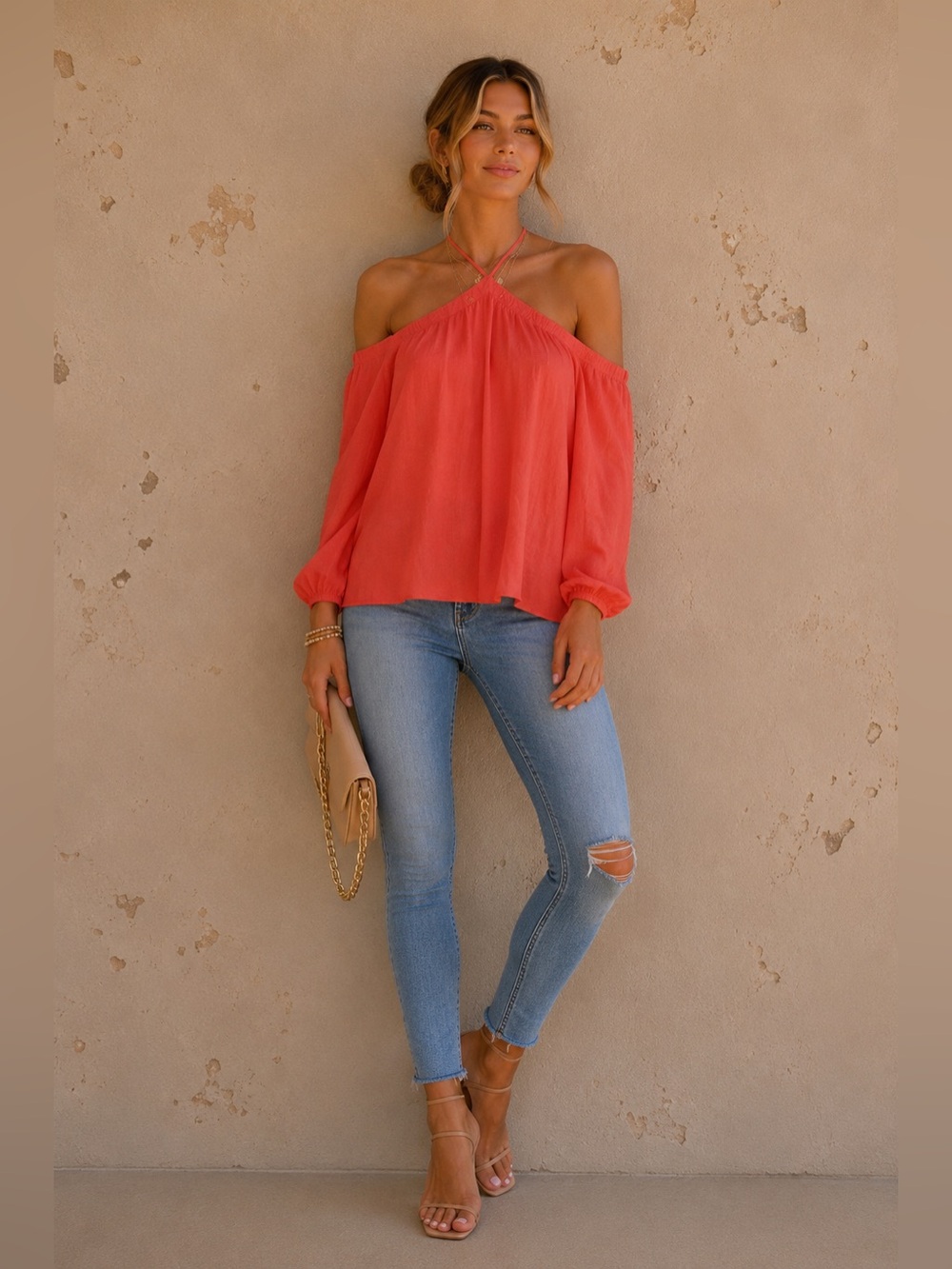 Coral Off-Shoulder Top • Sexy,  Chic & Flowy • M • Fall Blouse 🍁